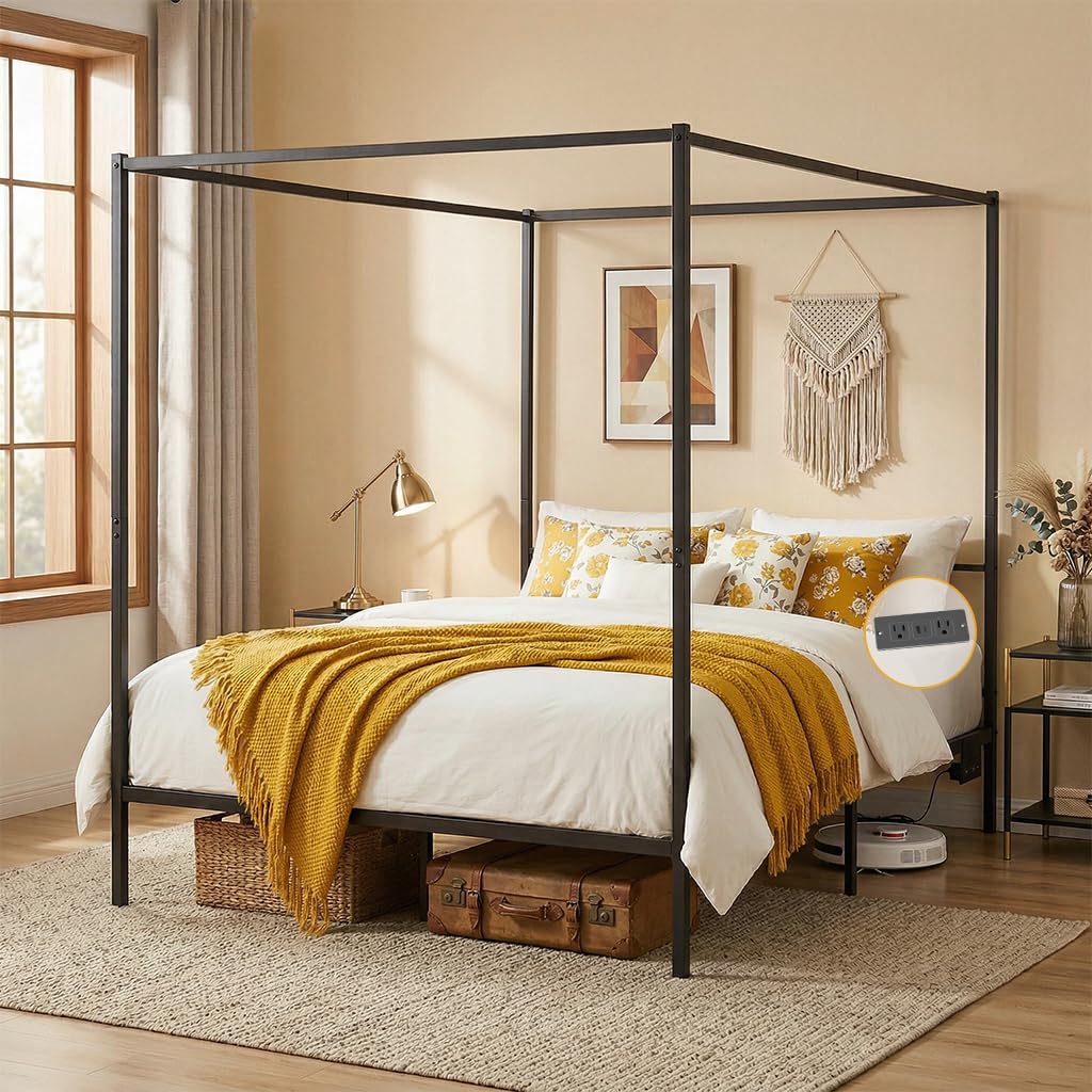 Canopy Bed Frame Metal Queen - キャノピーベッドフレーム クイーンサイズ メタル製 可動式充電ステーション付き | 広々とした12インチのベッド下収納、頑丈、カスタマイズ可能