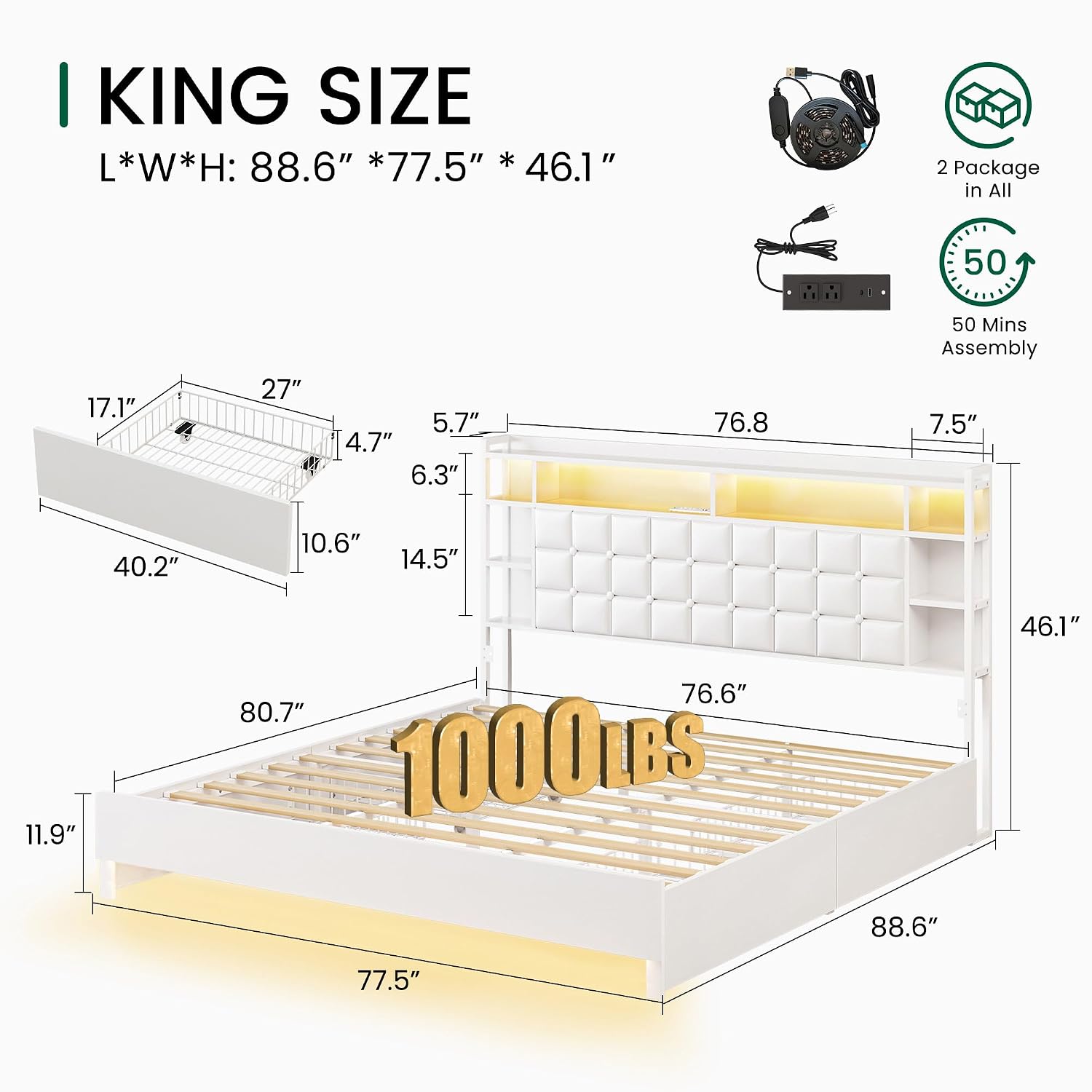 King Size Bed Frame With Storage Drawers - キングサイズの木製ベッドフレーム。収納引き出しとLEDライト付きヘッドボードを備え、カスタマイズも可能です。