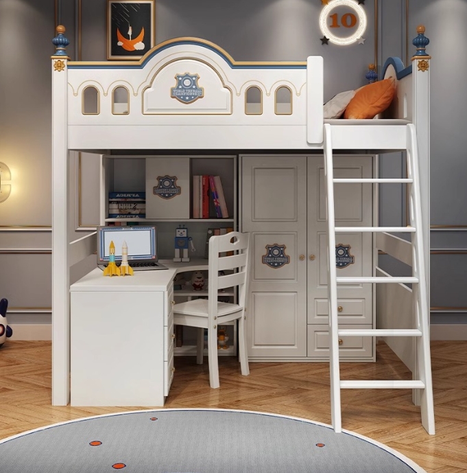 Bunk Bed With Stairs And Slide - キッズプリンセスルーム木製キャッスル二段ベッド、階段と滑り台付き、女の子向け子供部屋ロフトベッド家具