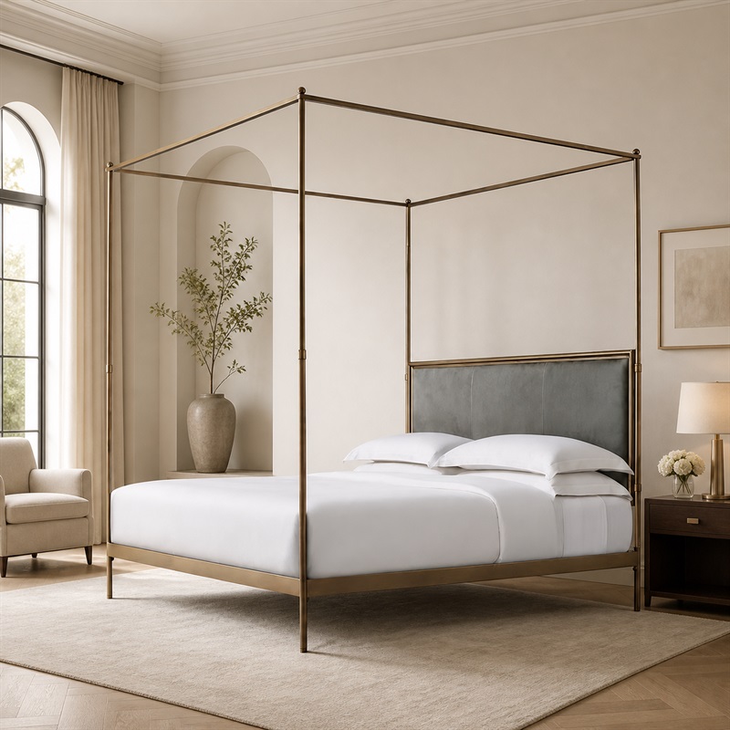 Canopy Bed Frame Metal Queen - xx-フレンチスタイルのモダンなクイーンサイズの金属製ベッドフレーム。ステンレス製の天蓋と布製のパネルを備え、ホテルや学校での使用に適しています。