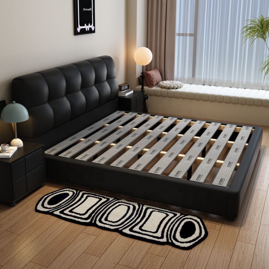 King Size Bed Frame With Storage Drawers - # 黒のタフテッドレザー収納ベッドフレーム、引き出し付き、無垢材スラットベース、キング/クイーンサイズベッド、寝室省スペース家具