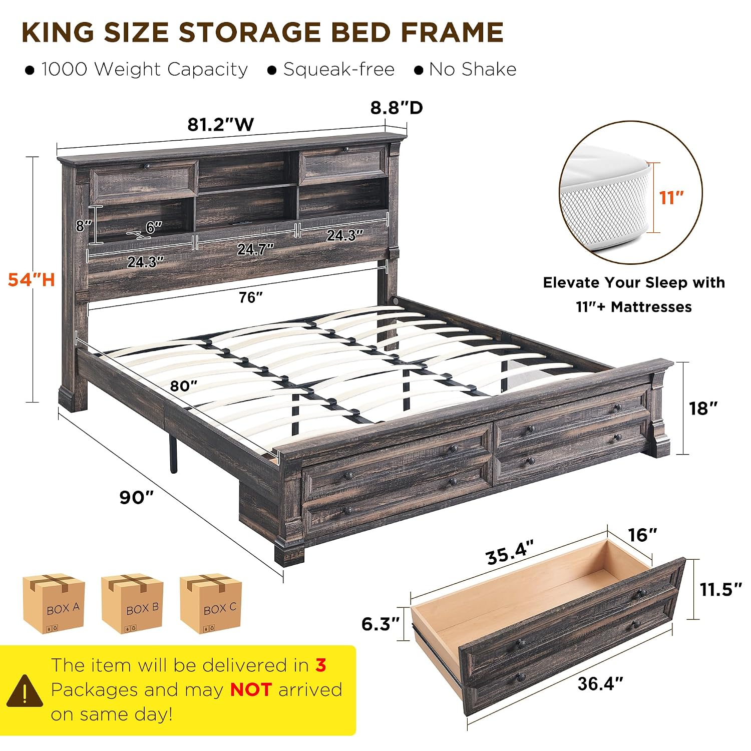 King Size Bed Frame With Storage Drawers - キングサイズベッドフレーム、54インチヘッドボード、4つの収納ラック、2つの引き出し、寝室用家具、カスタマイズ可能