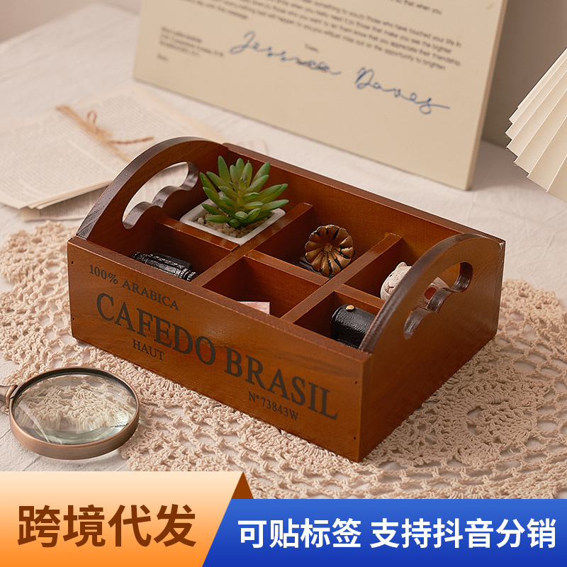 Storage - 雑貨レトロ木製ポータブル6グリッド収納ボックス多肉植物デスクトップ化粧品雑貨収納整理木製ボックス