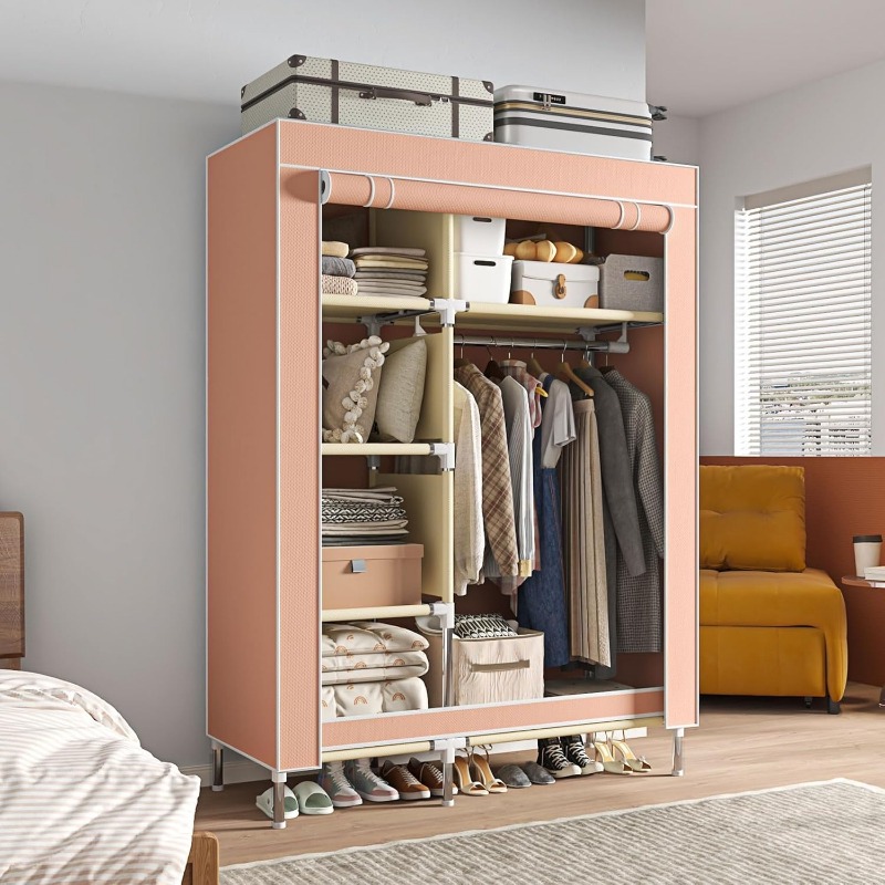 Wardrobe Closet Portable Fabric Cover - ポータブルワードローブ、自立型クローゼットハンギングオーガナイザー、マルチカラーのファブリックカバー付きメタルフレーム、5つの収納コンパートメント
