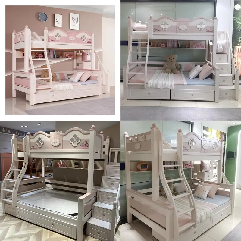 Bunk Bed With Stairs And Slide - モダンな豪華プリンセス子供用二段ベッド、スライドと階段付き、新デザイン、無垢材、子供部屋家具、別荘の子供向け