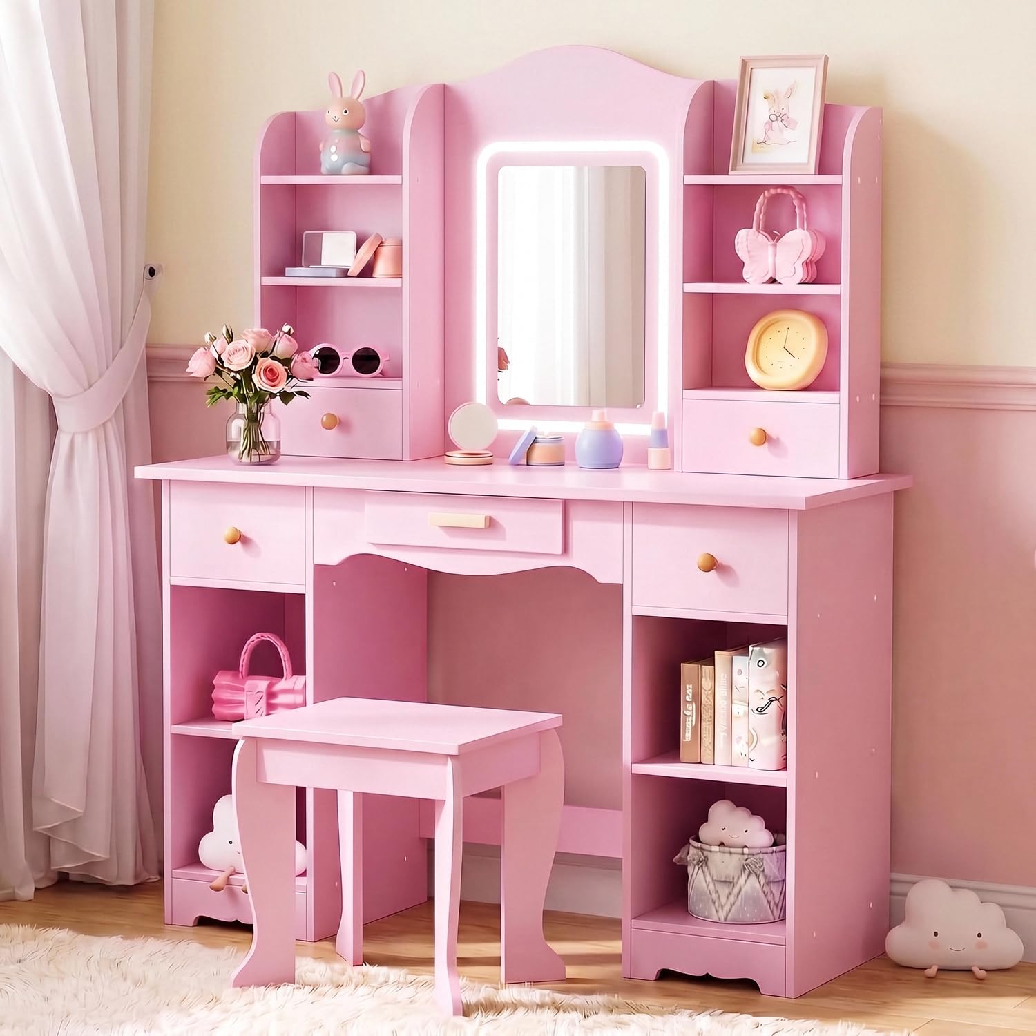 Dressing Table Vanity With Lighted Mirror - 子供用バニティテーブル、3色ライト付き、大容量収納、鏡、スツール付き、木製プリンセスごっこ遊びメイクアップデスク、ドレッシングテーブルと椅子