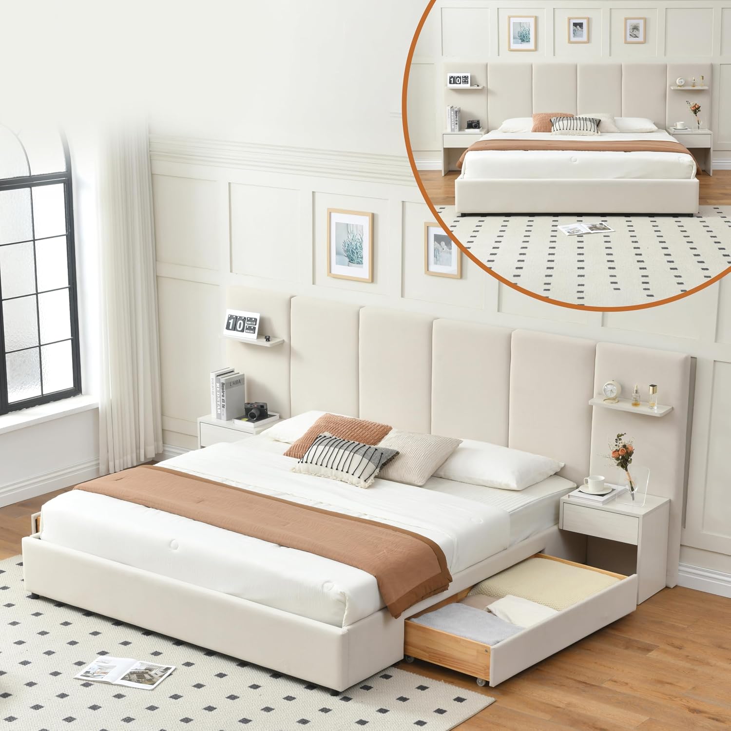 King Size Bed Frame With Storage Drawers - キングサイズベッドフレーム、収納付き、内蔵ナイトスタンドと引き出し付き、ベージュ | ベルベット張りのプラットフォームベッドフレーム＆4つのフローティングスタンド