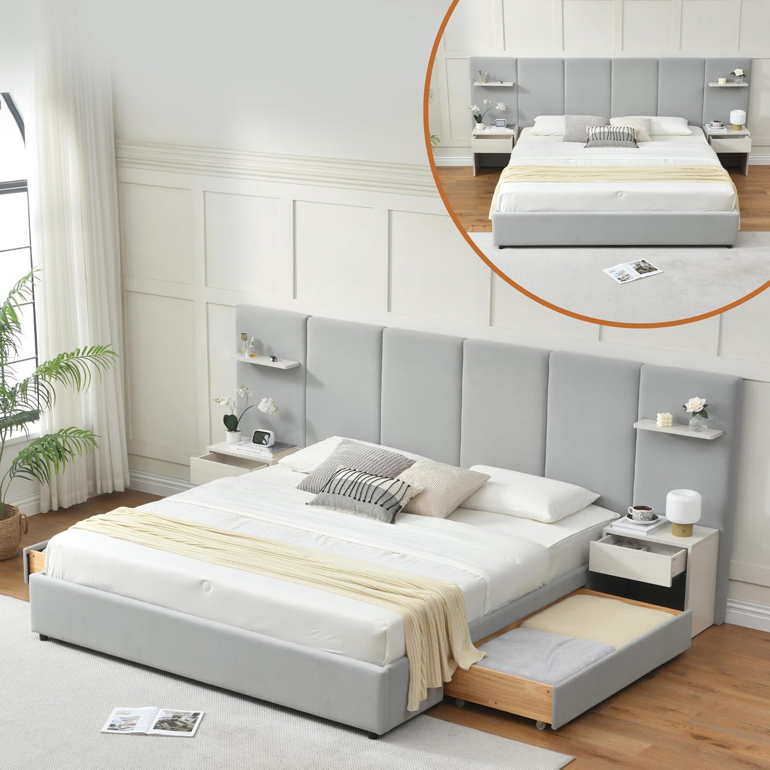 King Size Bed Frame With Storage Drawers - キングサイズベッドフレーム、収納付き、内蔵ナイトスタンドと引き出し付き、グレー | ベルベット張りのプラットフォームベッドフレーム＆6つのフローティング収納