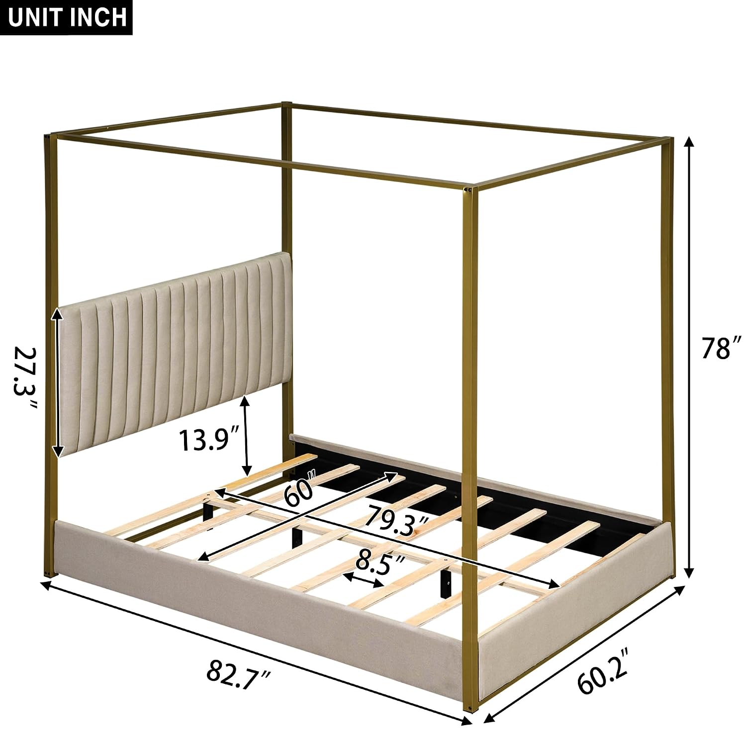Canopy Bed Frame Metal Queen - モダンな4本柱のキャノピーベッド、クイーンサイズ、張り地仕上げのヘッドボード、金色の金属フレーム、丈夫なスラット、ベージュ色、カスタムメイド。