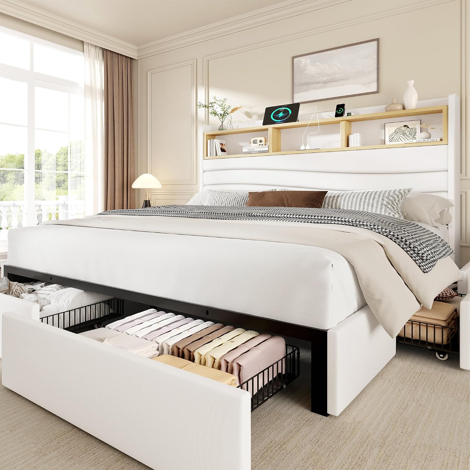 King Size Bed Frame With Storage Drawers - キングサイズベッドフレーム（6つの収納引き出し付き）、リネン張りプラットフォームベッド（充電ステーション付き）、2段波型、カスタムメイド