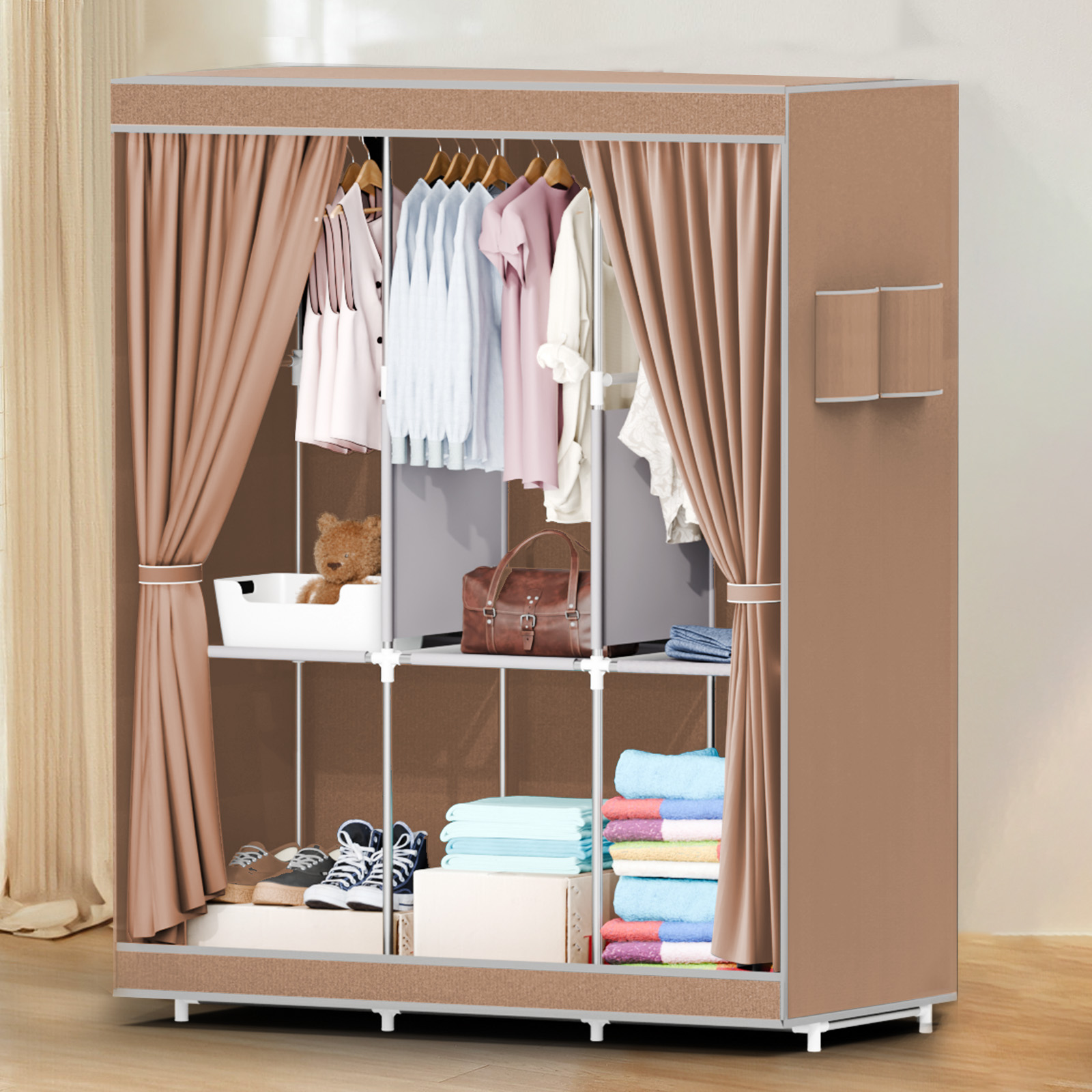 Wardrobe Closet Portable Fabric Cover - 51インチ ポータブルクローゼットワードローブ 16mm厚パイプ 衣類収納ラックオーガナイザー 不織布カバー付き 寝室用洋服掛け