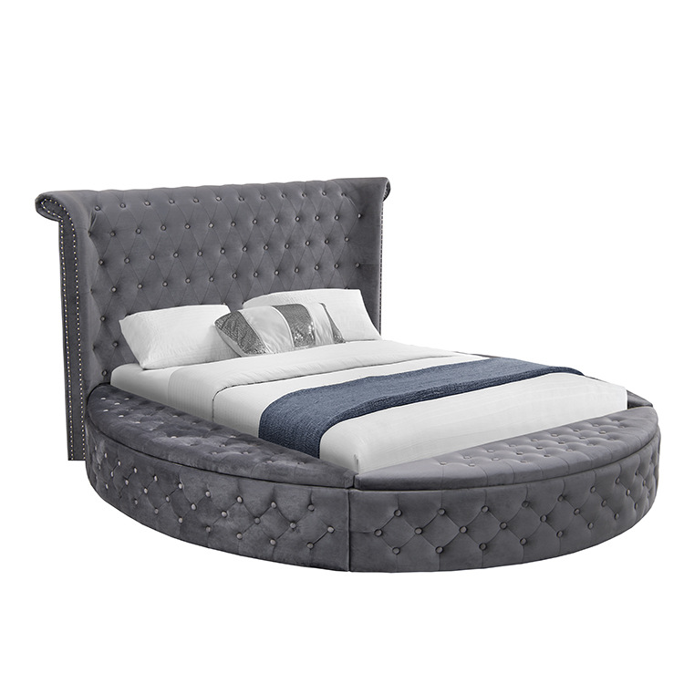 King Size Bed Frame With Storage Drawers - 布張りキング/クイーンサイズベッドフレーム販売中 モダンスタイル 美しいタフテッド大型丸型ベッド 収納引き出し付きベッド家具