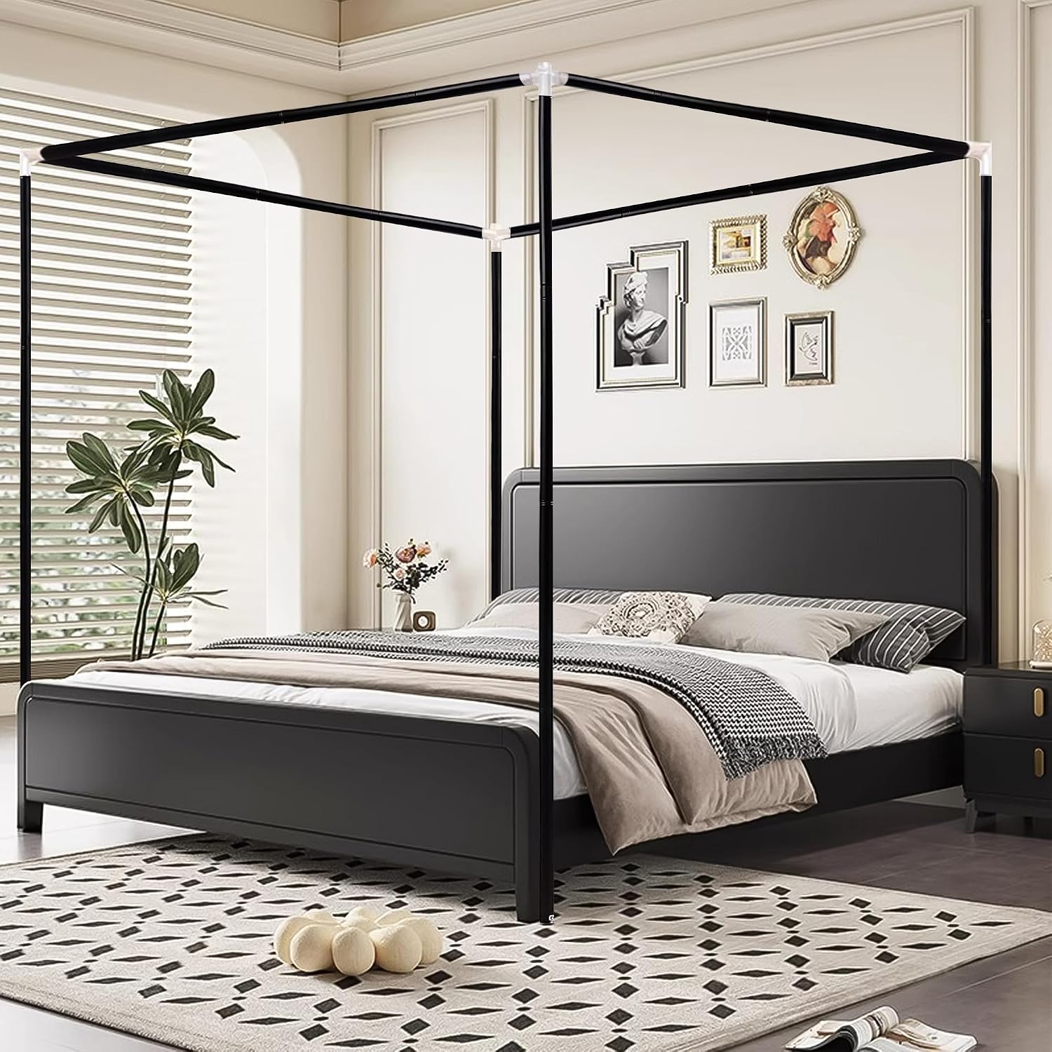 Canopy Bed Frame Metal Queen - ステンレス製キャノピーベッドフレーム クイーンサイズ、ポストポール厚めのクイーンサイズキャノピーフレーム メタルベッド・木製ベッド用 ブラック