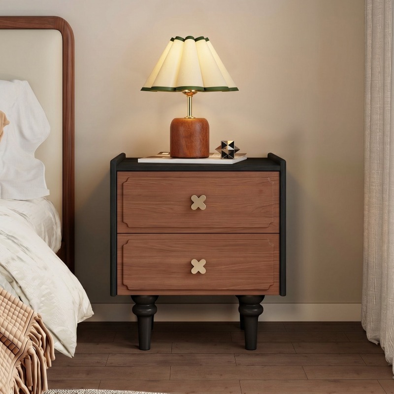 Solid Wood Nightstand 2 Drawers - 家庭用家具 無垢材 ブラック ナイトスタンド リビングルーム 収納ロッカー