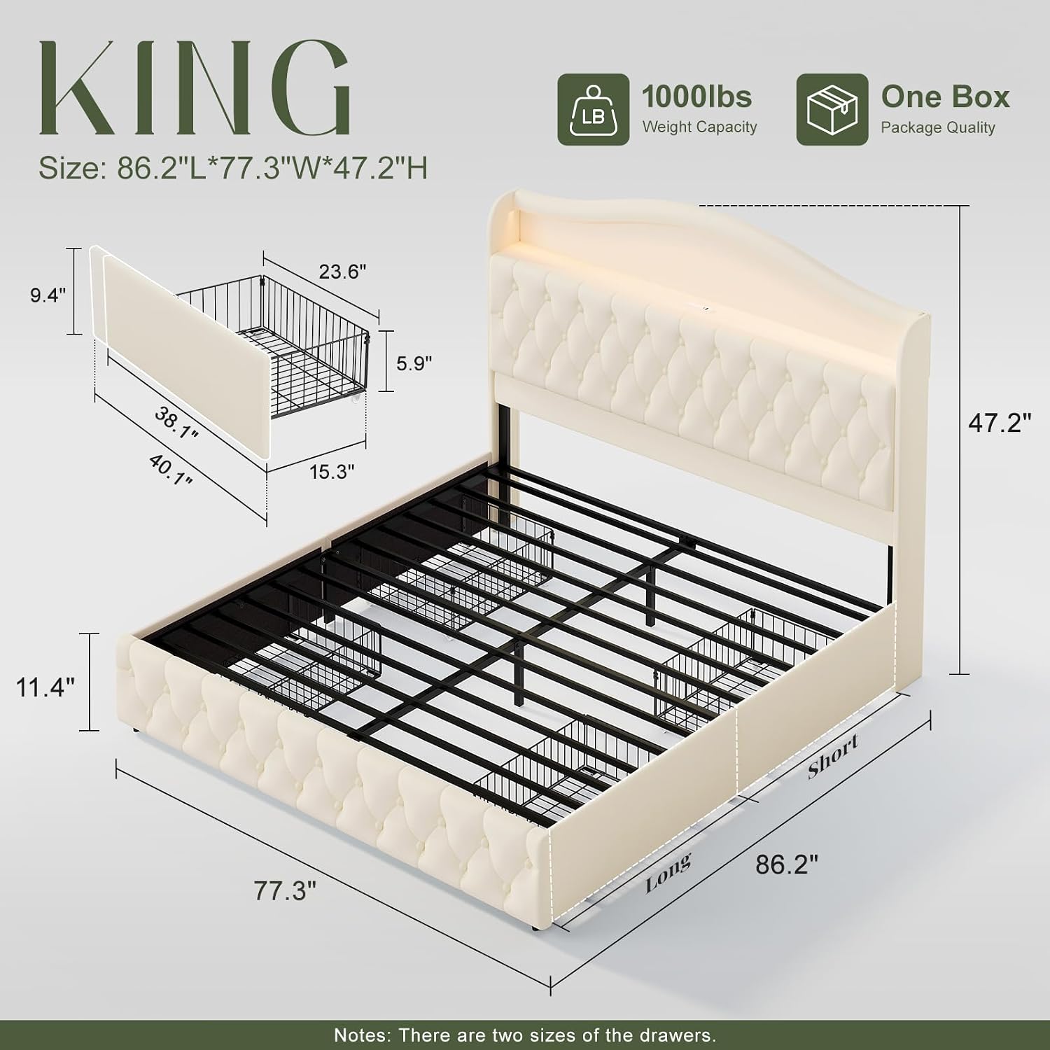 King Size Bed Frame With Storage Drawers - キングサイズ プラットフォームベッドフレーム、収納引き出し4つ付き、47.2インチ、カスタマイズ可能