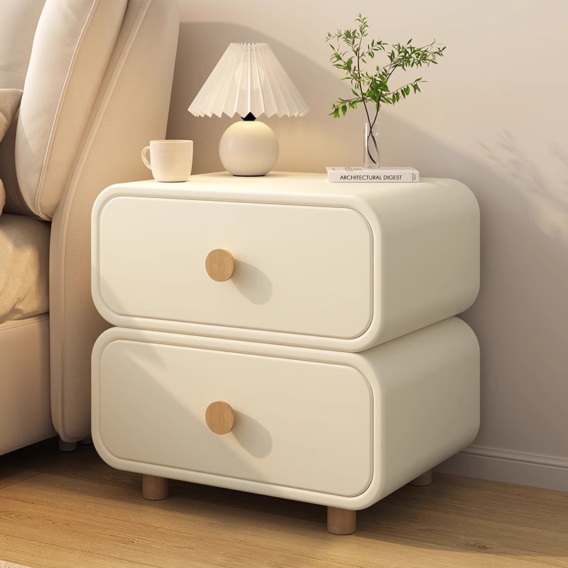 Solid Wood Nightstand 2 Drawers - ミニマリストクリームベッドサイドキャビネット丸みを帯びたエッジ2引き出し収納ショートソリッドウッドフィートベッドルームサイドエンドテーブル高度な家具
