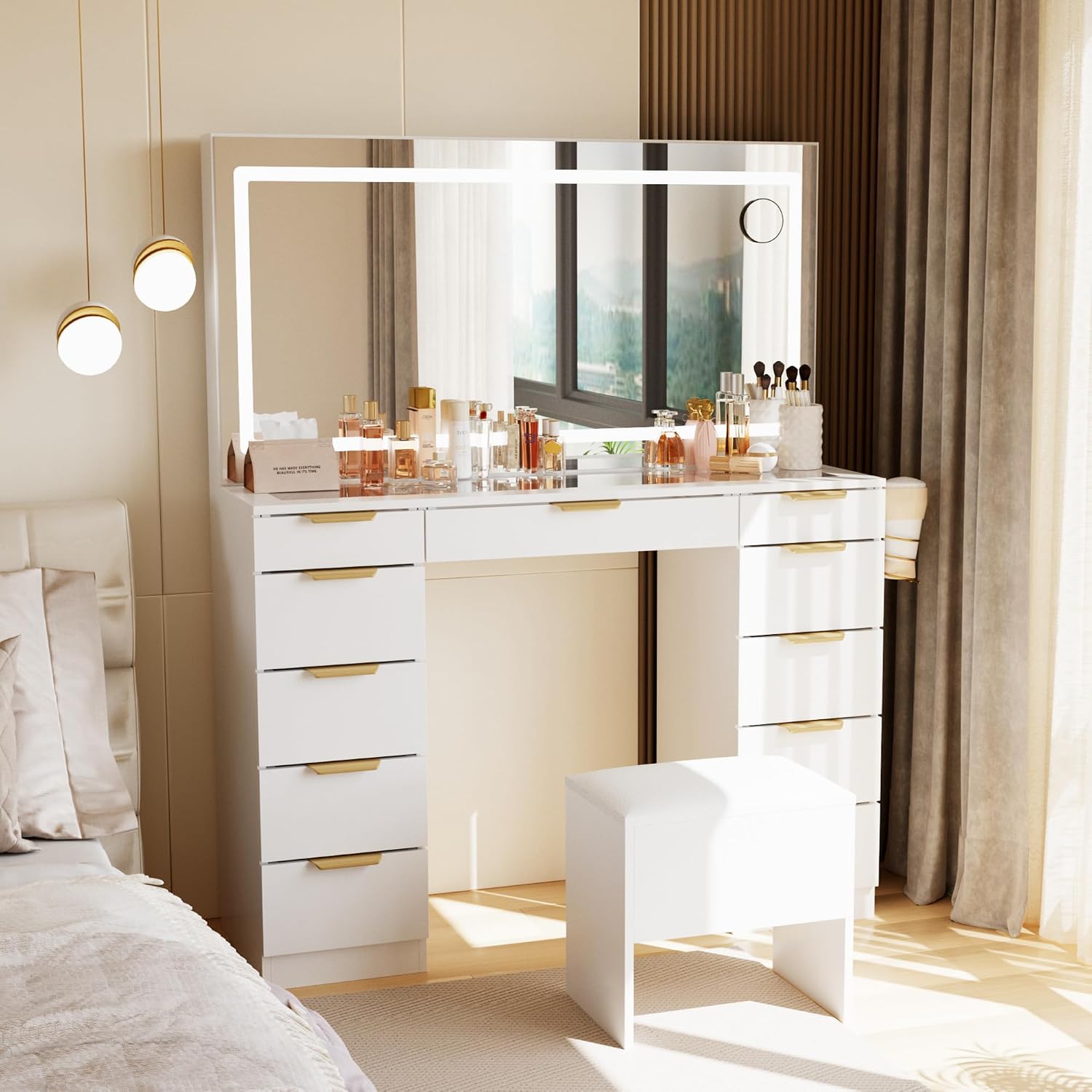 Dressing Table Vanity With Lighted Mirror - ガラス天板付き化粧台（鏡とライト付き）、11個の引き出し付きメイクアップバニティ（スツール付き）、3つの照明モード付きドレッシングテーブル、カスタムメイド