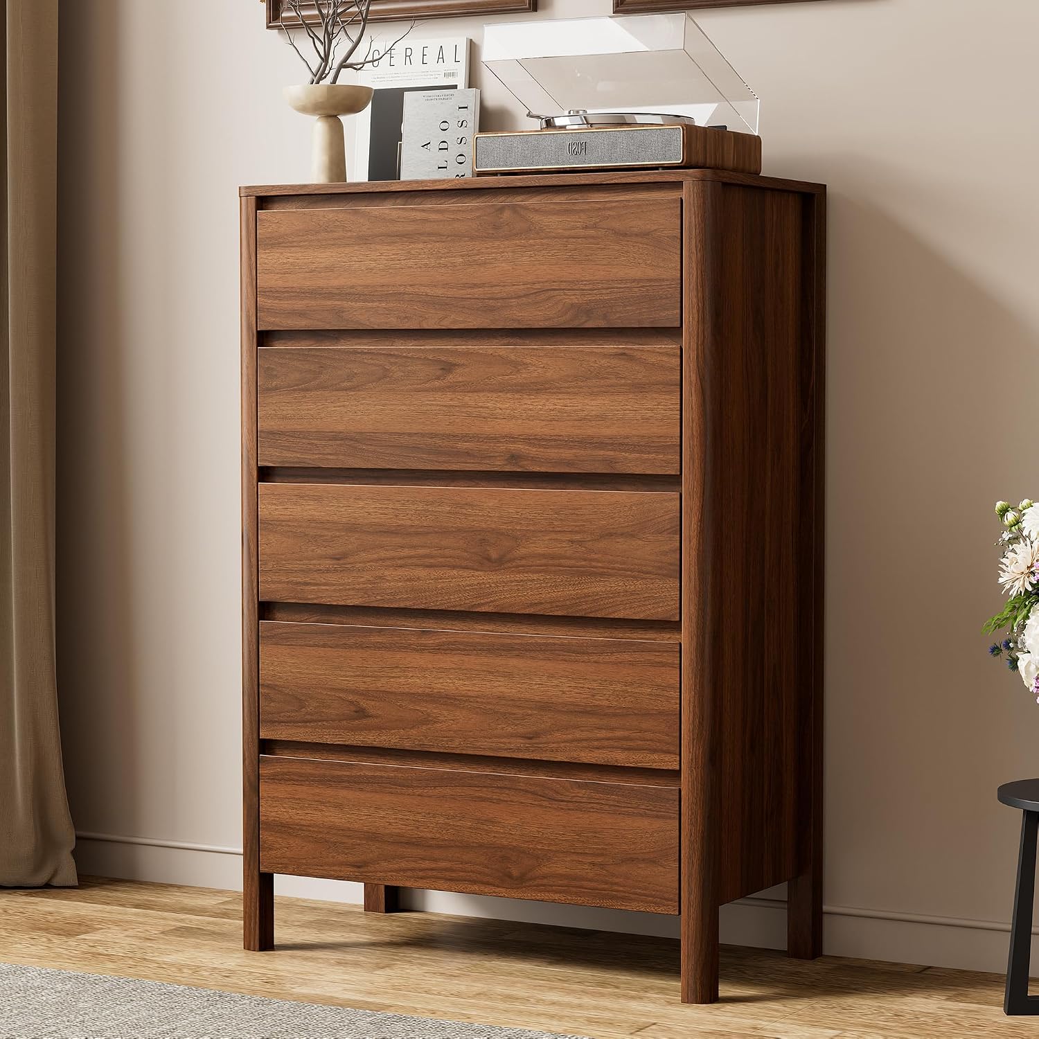 Bedroom Furniture - 5段引き出し木製収納キャビネット、縦型背の高いチェストオーガナイザーユニット、無垢材の脚付き家具、寝室、リビングルーム、クローゼット、玄関用、ウォルナットブラウン、1個入り