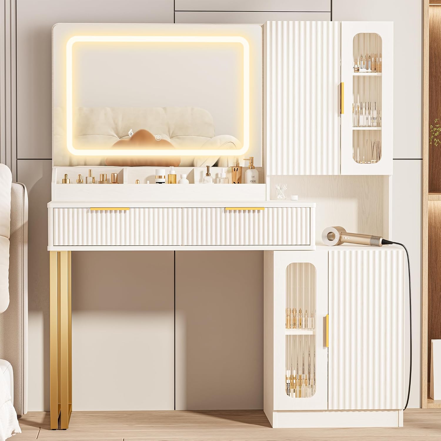 Dressing Table Vanity With Lighted Mirror - 42インチ バニティデスクミラーライト、5段棚2段引き出しキャビネット、電源コンセント、3色照明付きドレッシングテーブル（寝室用）、カスタマイズ可能