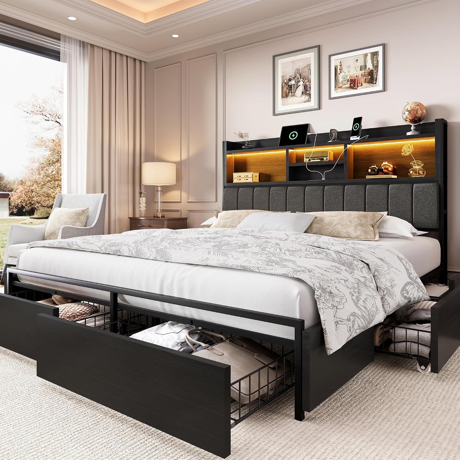 King Size Bed Frame With Storage Drawers - キングサイズベッドフレーム、6つの収納引き出し付き、リネン張りヘッドボード、充電機能内蔵、カスタマイズ可能