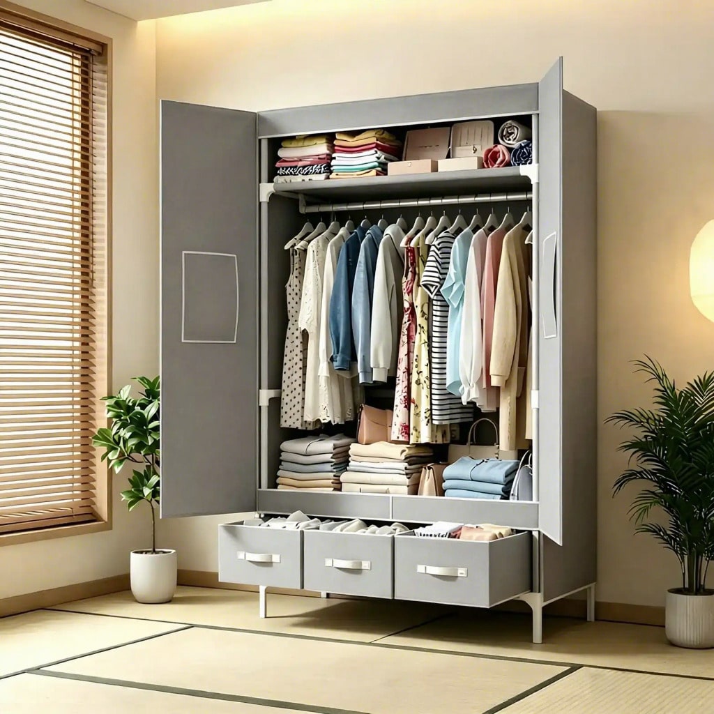Wardrobe Closet Portable Fabric Cover - ポータブルクローゼットワードローブ、57.48インチの衣類オーガナイザー、3本のハンガーロッド、3つの棚、3つの引き出し付き、不織布カバー、寝室やリビングルーム用の大容量収納、グレー。