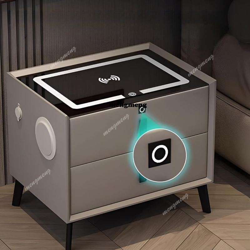 Solid Wood Nightstand 2 Drawers - 無垢材スマートナイトスタンド ワイヤレス充電機能付き 指紋ロック ベッドサイドテーブル スピーカーとUSB充電機能付き 2段引き出し