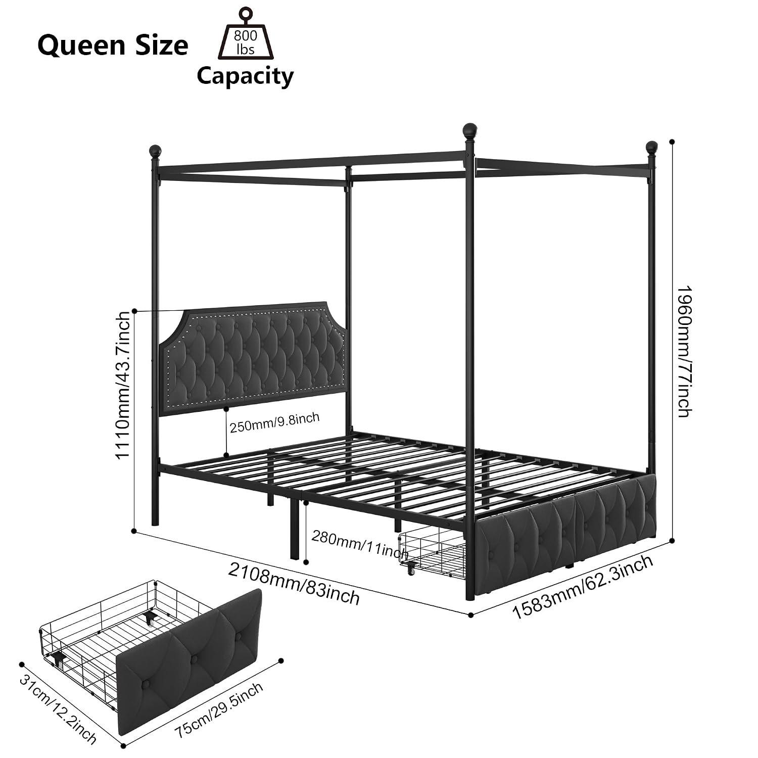 Canopy Bed Frame Metal Queen - 収納引き出しとキルティング加工のヘッドボードを備えたクイーンサイズのキャノピーベッドフレーム。4本の支柱を備えた金属製プラットフォーム、ベルベット素材のベッド、ダークグレー、カスタムメイド。