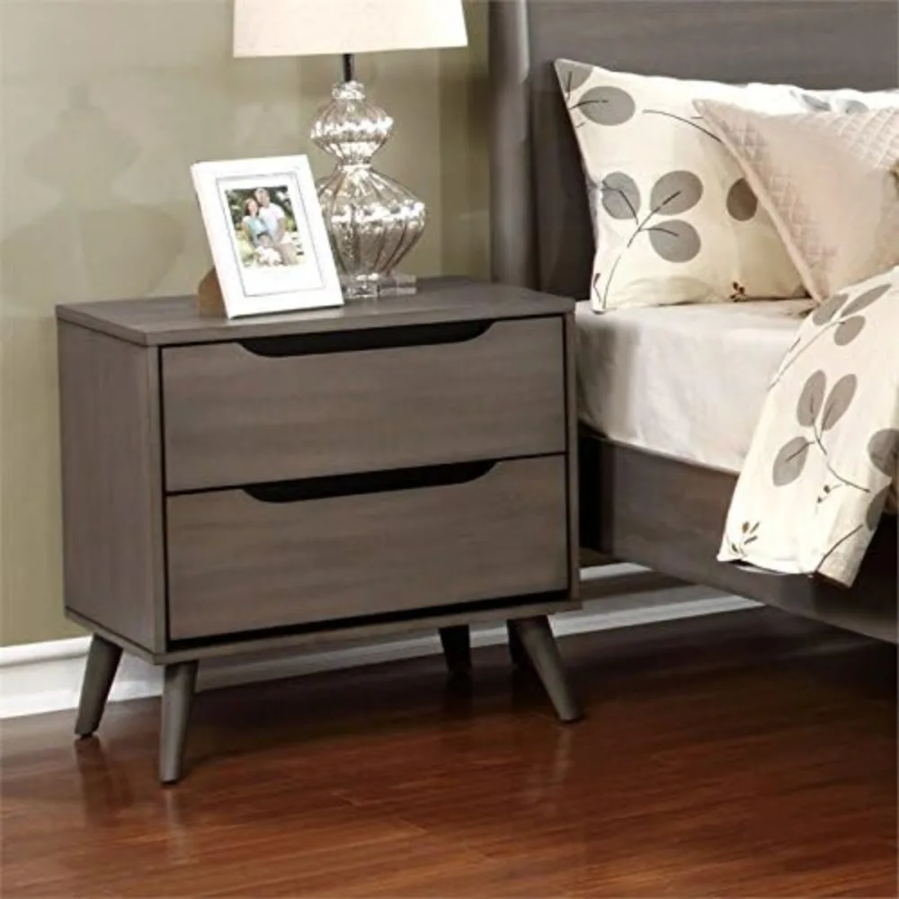 Solid Wood Nightstand 2 Drawers - 2段引き出し付きミッドセンチュリー風無垢材/木製ベニヤ/MDFナイトスタンド（グレー）寝室用チェストオブドロワーズナイトスタンド^