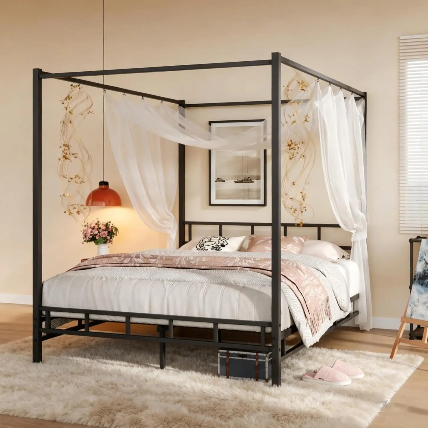 Canopy Bed Frame Metal Queen - メタル製キャノピーベッドフレーム クイーンサイズ、金属製スラットサポート付きマットレス台、ベッド下に追加収納スペース、ボックスなし