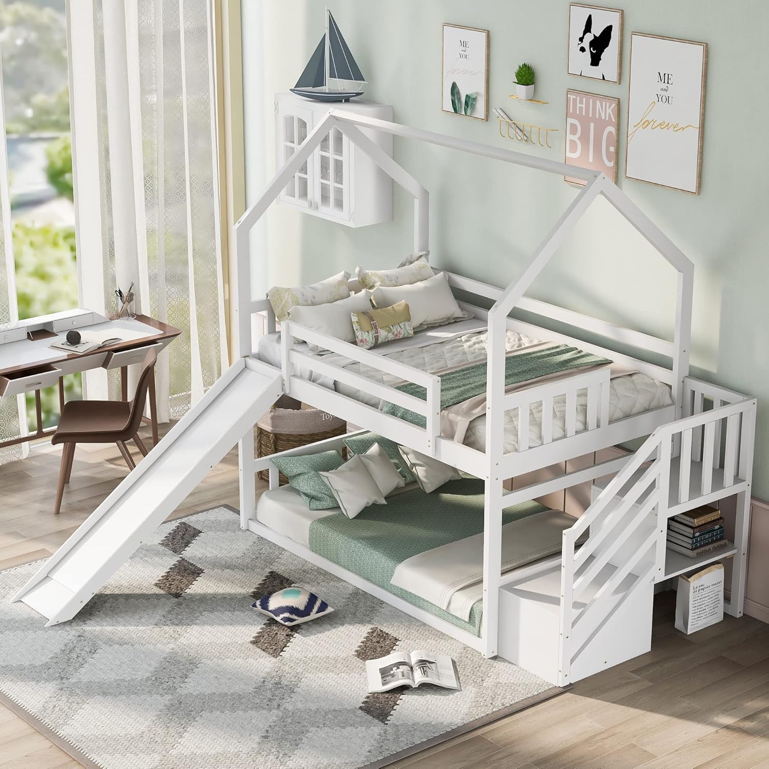 Bunk Bed With Stairs And Slide - ツインオーバーツイン二段ベッド、スライドと階段付き、木製ハウス型二段ベッドフレーム、収納棚付き、男の子と女の子向け、カスタマイズ不可