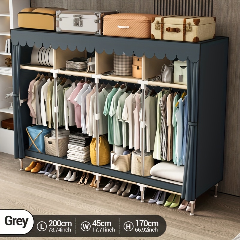 Wardrobe Closet Portable Fabric Cover - 金属フレームのポータブルクローゼットオーガナイザー、吊り下げ棒付き、保護用ファブリックカバー付きワードローブ収納、寝室用ポータブルクローゼット