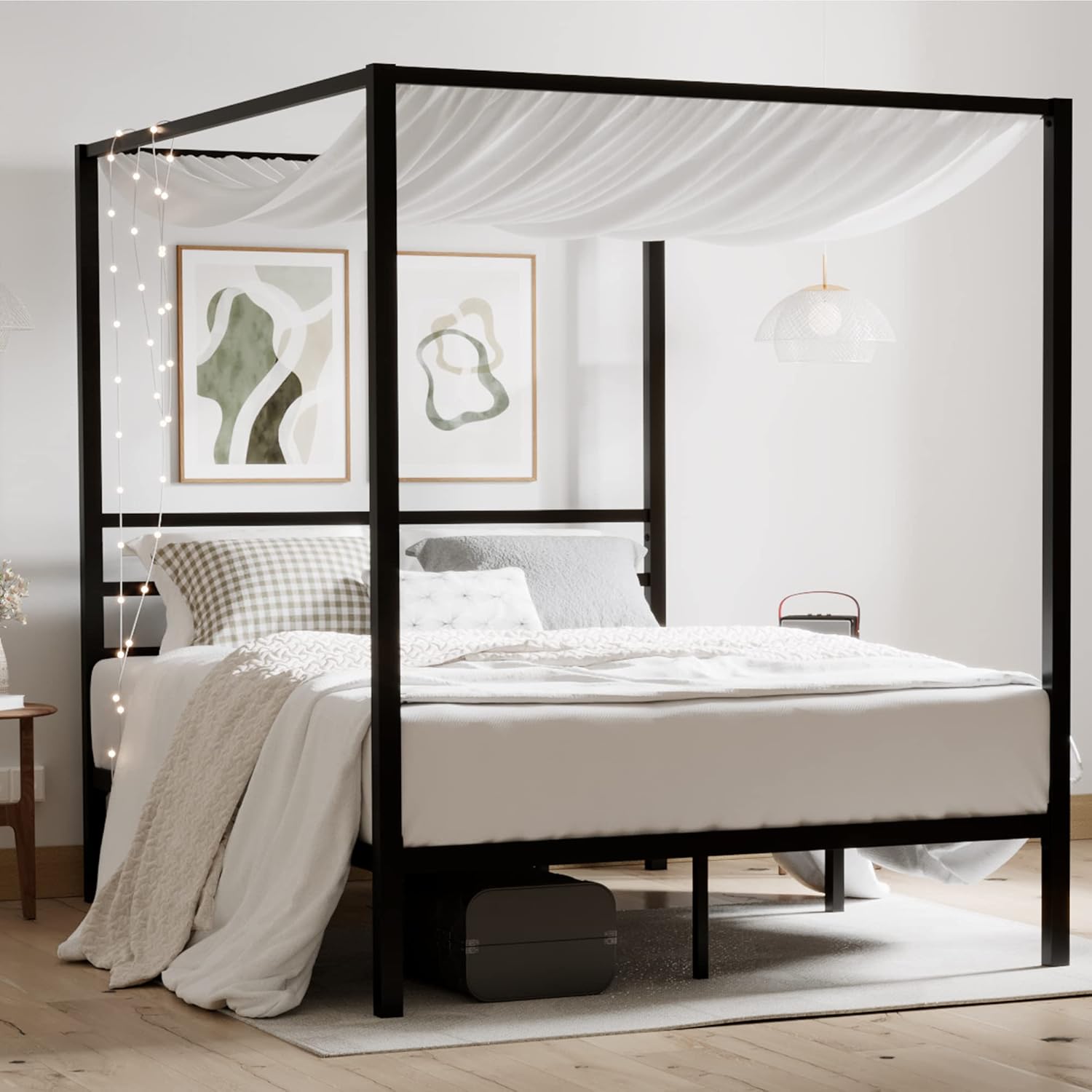 Canopy Bed Frame Metal Queen - クイーンサイズメタルキャノピーベッドフレーム、頑丈なプラットフォーム収納、EVAノイズスポンジマットレス、ボックススプリング不要、簡単設置、カスタマイズ可能