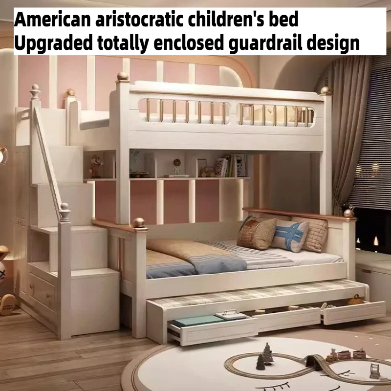 King Size Bed Frame With Storage Drawers - 135x190cm木製マットレス付きキッズロフトベッド、クイーンサイズ二段ベッド（スライド式はしご付き）、キングサイズフレーム、3つの引き出し収納ベッド、2人用家具