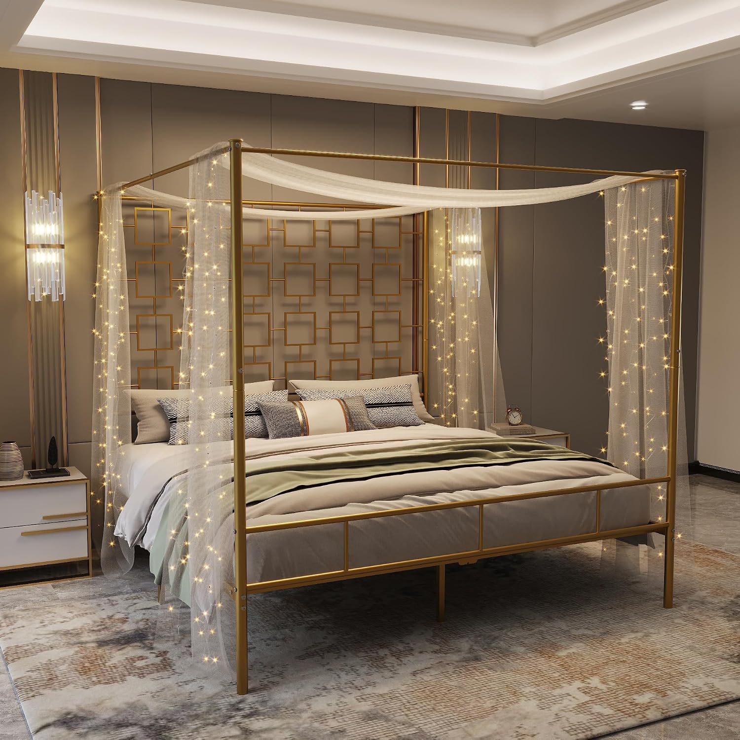 Canopy Bed Frame Metal Queen - クイーンサイズの天蓋付きベッドフレーム、金属製四柱式プラットフォーム、ヘッドボードとフットボード付き、ベッド下収納あり、ボックススプリング不要、カスタマイズ可能