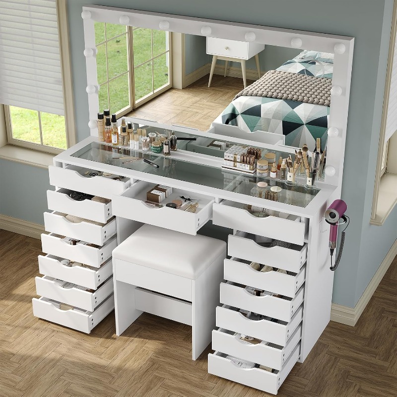 Dressing Table Vanity With Lighted Mirror - ヤノサク バニティデスク（鏡とライト付き）、メイクアップテーブル（充電ステーション付き）、3色の照明モード、15個の引き出し付きドレッシングテーブル