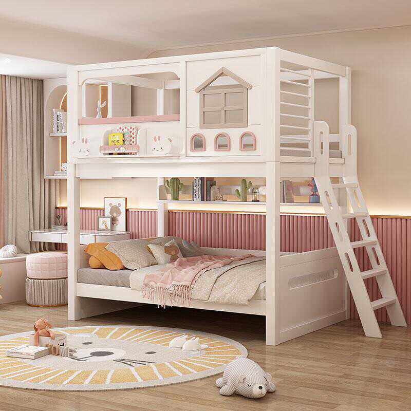 Bunk Bed With Stairs And Slide - モダンなピンクの無垢材製子供用二段ベッド、スライド階段、収納キャビネット、ダブル引き出し付き、家庭やホテル用