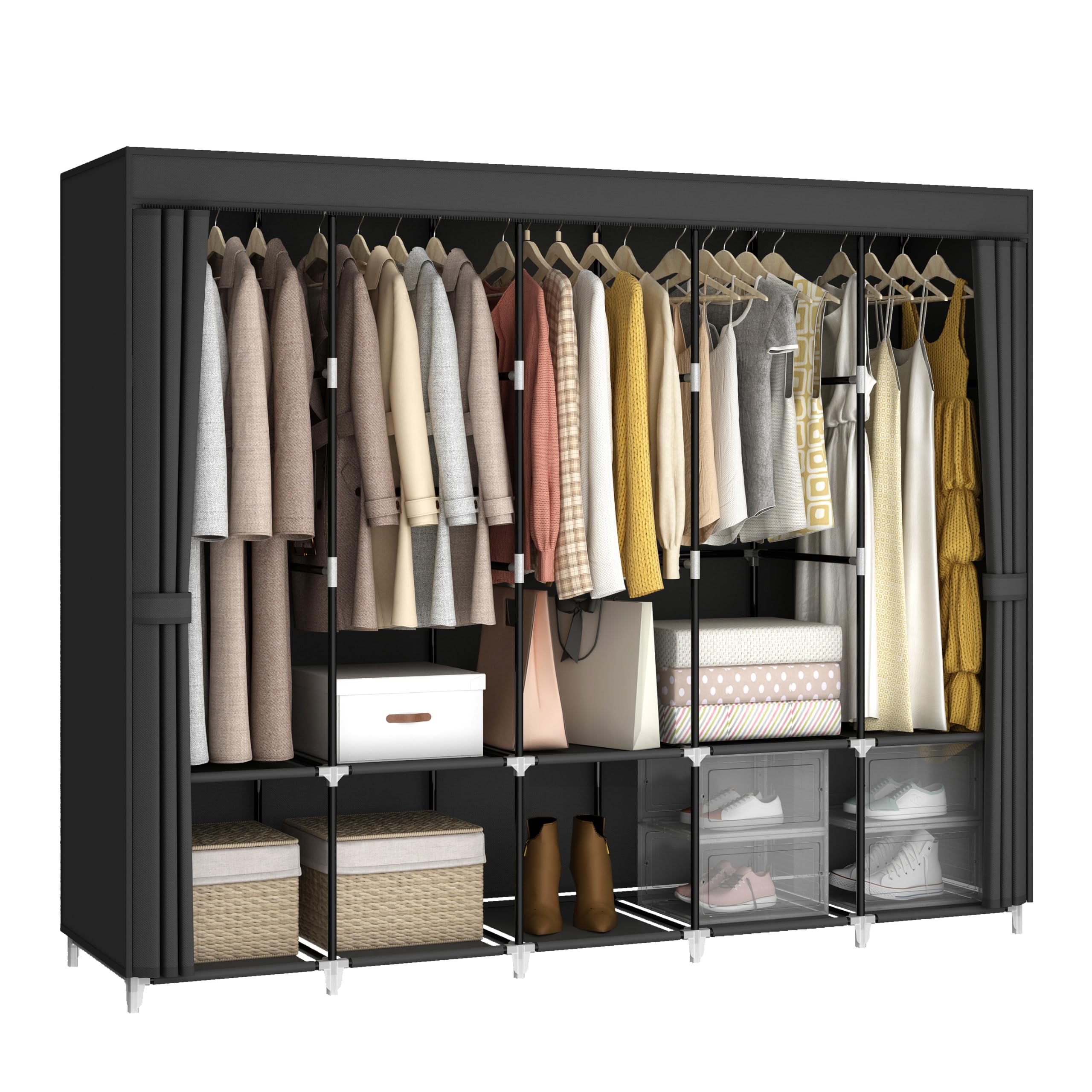 Wardrobe Closet Portable Fabric Cover - 83インチの大容量ポータブルワードローブクローゼット、布製カバー付き、ハンガーポール5本、収納棚10枚