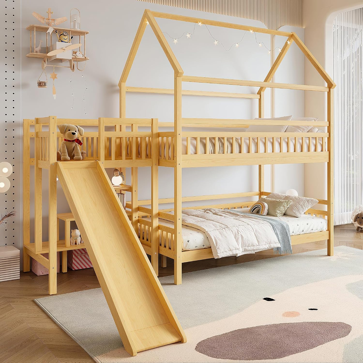 Bunk Bed With Stairs And Slide - フルオーバーフル二段ベッド、プレイハウスデザインの屋根付き、収納階段と滑り台付きハウス型二段ベッド、子供、女の子向け木製二段ベッド、B