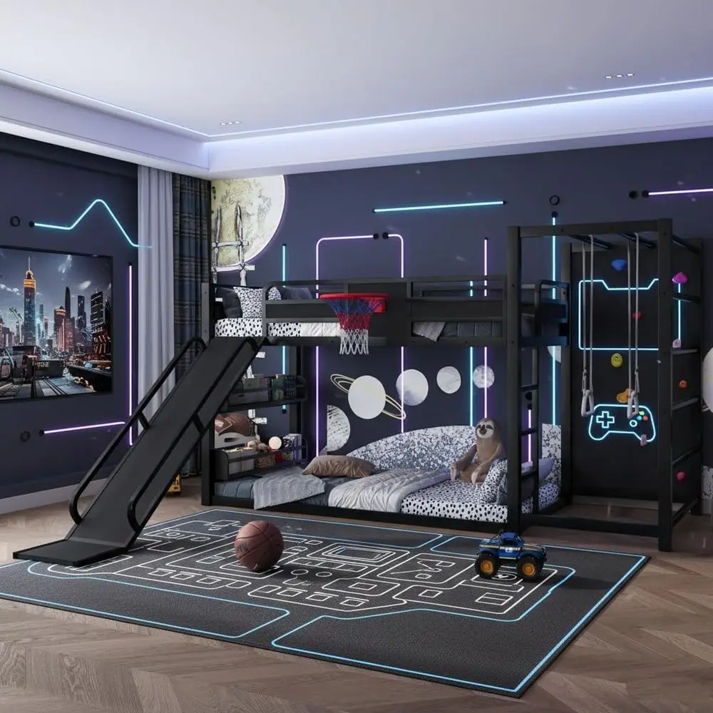 Bunk Bed With Stairs And Slide - ツインメタル二段ベッド、バスケットボールフープ、階段、滑り台、懸垂リング、クライミングウォール、遊び心のあるデザイン、ブラック