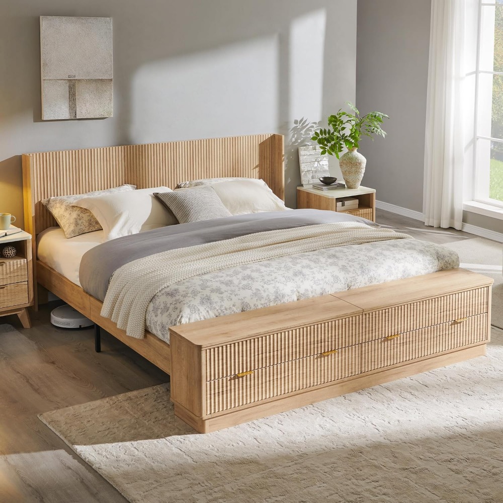 キングサイズベッドフレーム、収納ベンチ付き、ウィングバックヘ - King Size Bed Frame With Storage Drawers のレビューと価格