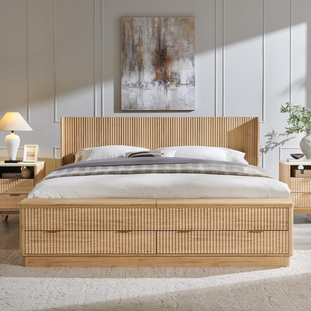 キングサイズベッドフレーム、収納ベンチ付き、ウィングバックヘ - King Size Bed Frame With Storage Drawers のレビューと価格