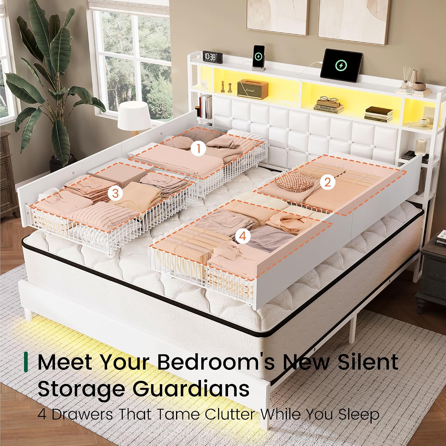 キングサイズの木製ベッドフレーム。収納引き出しとLEDライト - King Size Bed Frame With Storage Drawers のレビューと価格