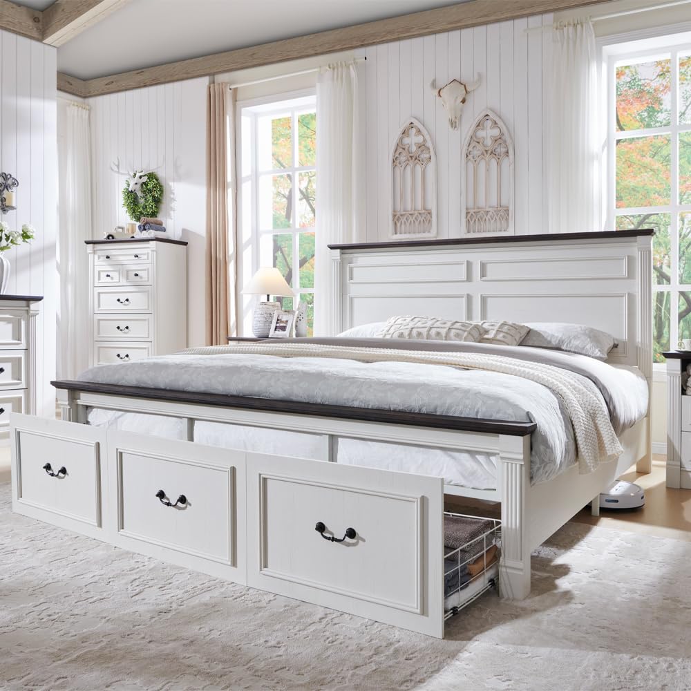 ファームハウス キングサイズベッドフレーム、高さ51インチの - King Size Bed Frame With Storage Drawers のレビューと価格