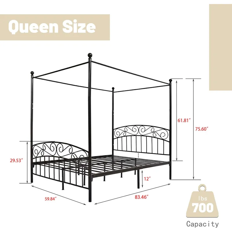 クイーンサイズのキャノピーベッドフレーム、四柱式の金属製ベッ - Canopy Bed Frame Metal Queen のレビューと価格