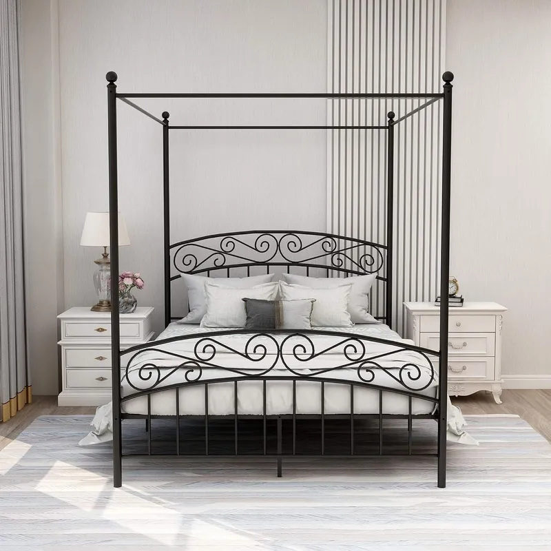 クイーンサイズのキャノピーベッドフレーム、四柱式の金属製ベッ - Canopy Bed Frame Metal Queen のレビューと価格