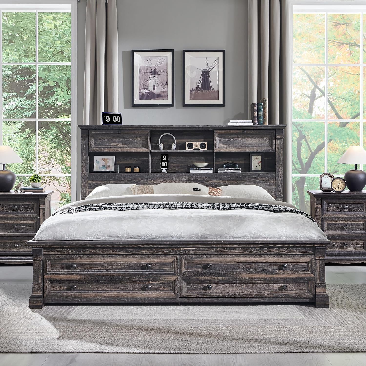 キングサイズベッドフレーム、54インチヘッドボード、4つの収 - King Size Bed Frame With Storage Drawers のレビューと価格