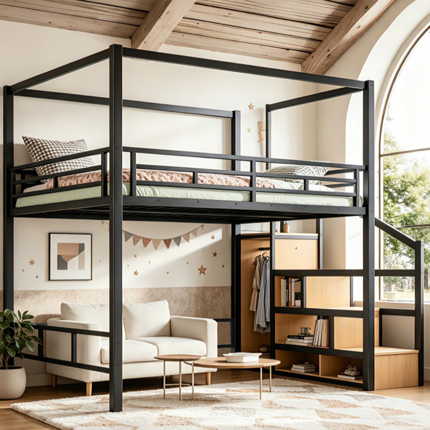 収納付き階段とワードローブを備えたクイーンサイズのロフトベッ - Canopy Bed Frame Metal Queen のレビューと価格