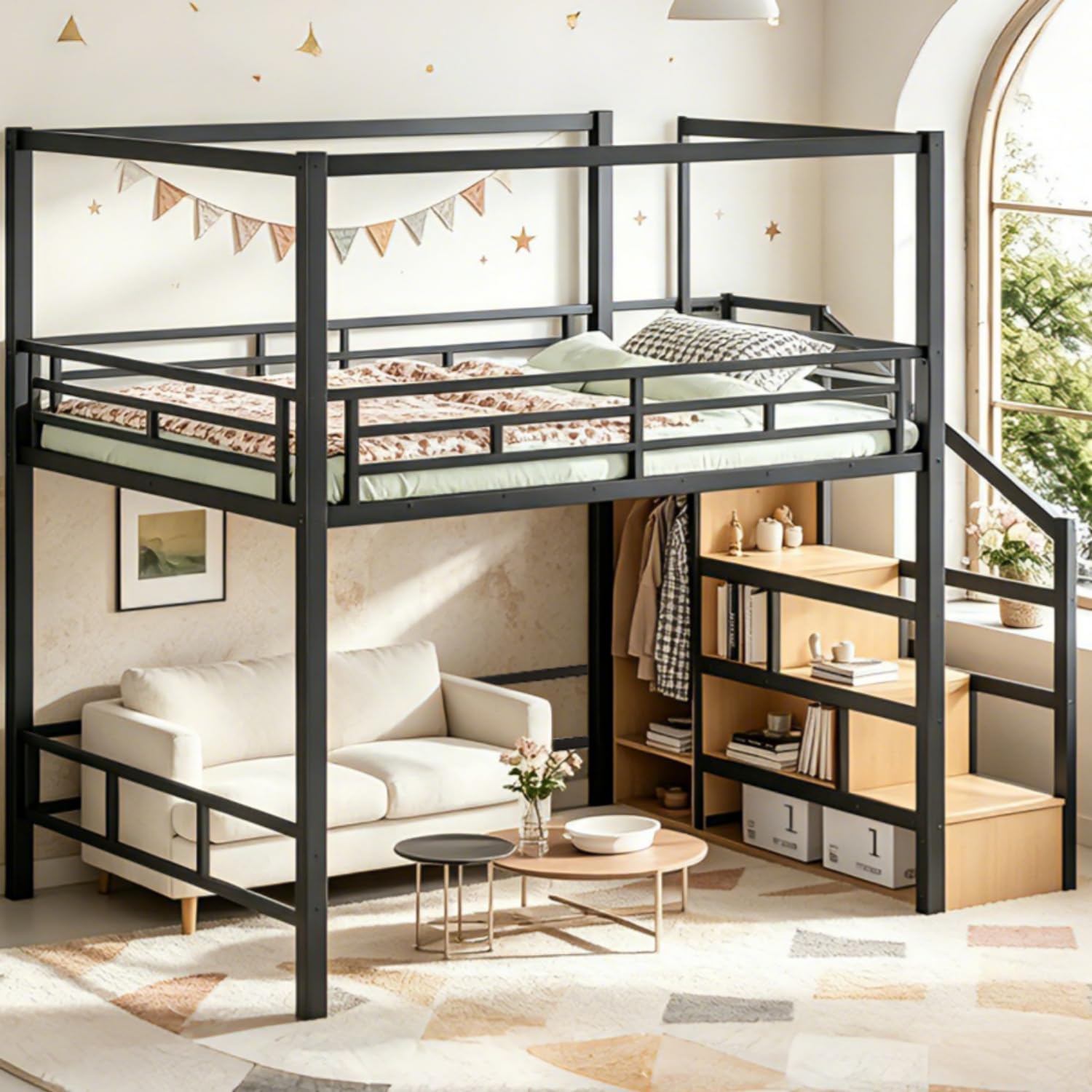 収納付き階段とワードローブを備えたクイーンサイズのロフトベッ - Canopy Bed Frame Metal Queen のレビューと価格