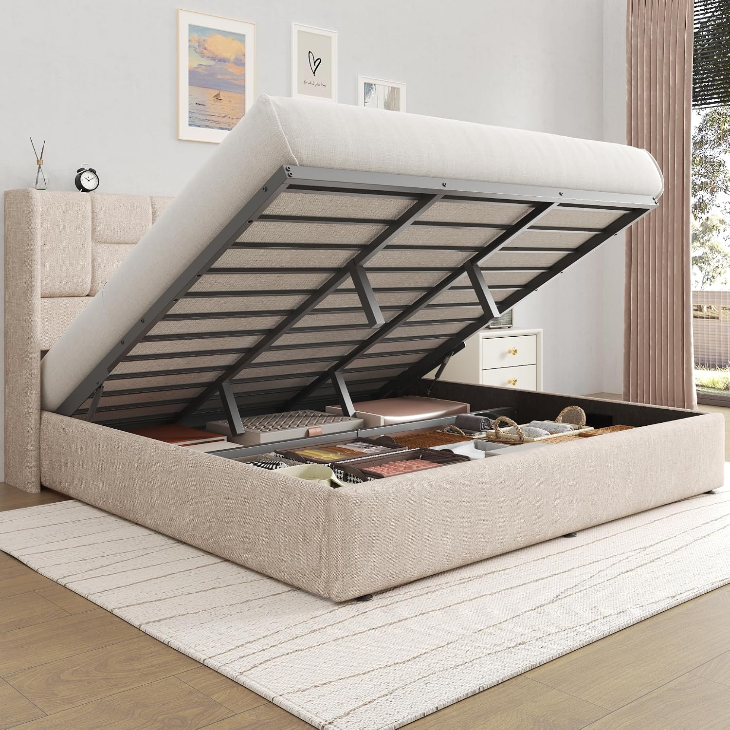 キングサイズベッドフレーム、油圧式ガスリフト、収納付き、リネ - Gas Lift Storage Bed Hydraulic のレビューと価格