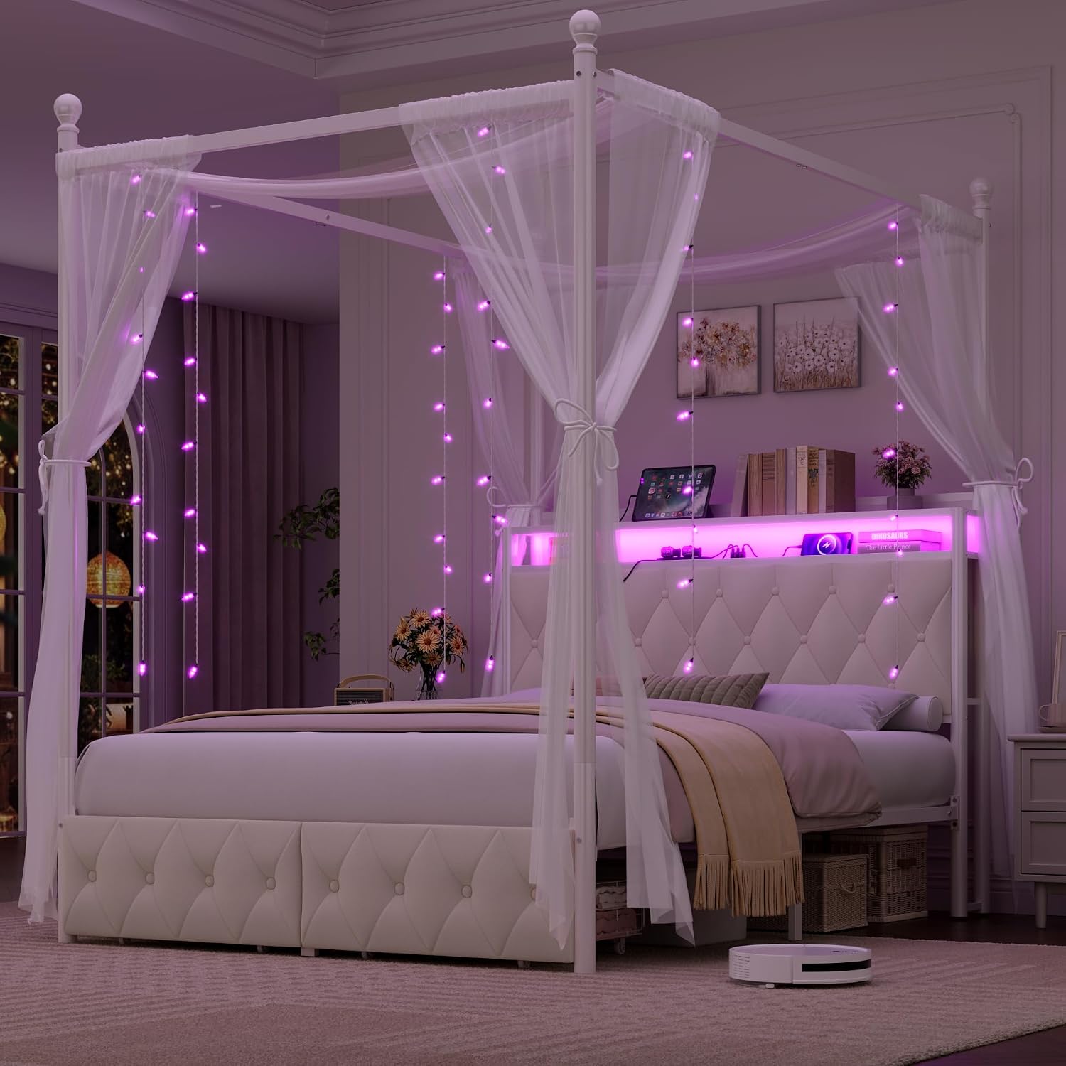 クイーンサイズLEDキャノピーベッドフレーム（収納＆充電ステ - Canopy Bed Frame Metal Queen のレビューと価格